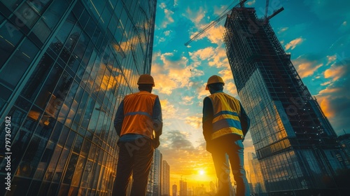 Two men in orange vests stand on a construction site, looking up at the sky