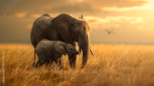An intimate moment captured in high definition, showcasing an African Bush Elephant mother nuzzling her adorable calf amidst the golden grasslands of Kenya, Africa