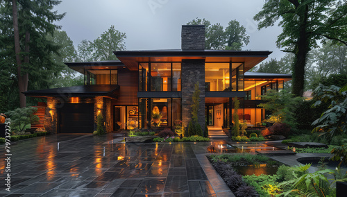 A sleek, modernist house with large windows and an exterior of dark wood accents stands against the backdrop of lush greenery on a rainy evening. Created with Ai