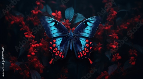 a blue butterfly with red spots on it