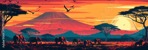 Vector illustration: classic African landscape with wild animals and Kilimanjaro. copy space