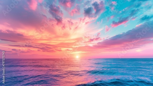 Panorama landscape of an ocean horizon at sunrise, where the sky meets the sea in a splash of colors, photography Colorful sun light high detail landscape background