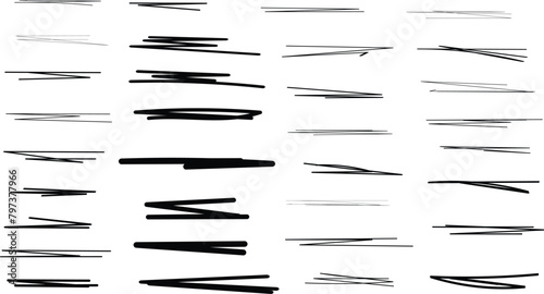 set of black hand drawn underline art, different highlight lines vector illustration.