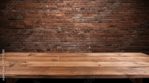 a wooden table in front of a brick wall