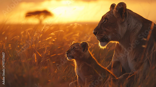 An enchanting scene unfolds in Maasai Mara as an African lioness and her tiny cub bask in the golden light of dawn, the vastness of the African wilderness stretching before them in all its splendor