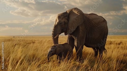 A tender moment between an African Bush Elephant mother and her inquisitive calf is beautifully depicted against the stunning backdrop of Kenya, Africa, in stunning HD clarity