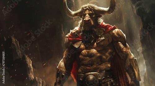 A minotaur standing in a futuristic city.