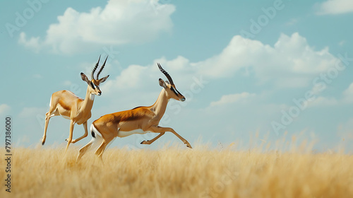 A pair of elegant antelopes gracefully leaping across the savannah of Kenya, Africa, their nimble movements and graceful strides captured in stunning HD clarity, 