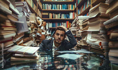 man in an office, overwhelmed by a mountains of paperwork