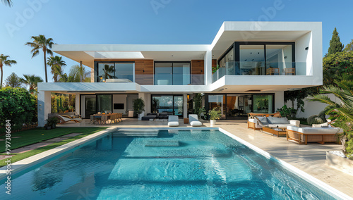 A stunning and modern house in St Tropez, featuring white walls with wooden accents and large windows showcasing the outdoor pool area surrounded by lush greenery. Created with Ai