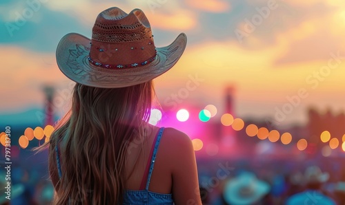 Back view of a young american woman fan of country music attending a country music concert wearing a cowboy hat and copy space, Generative AI