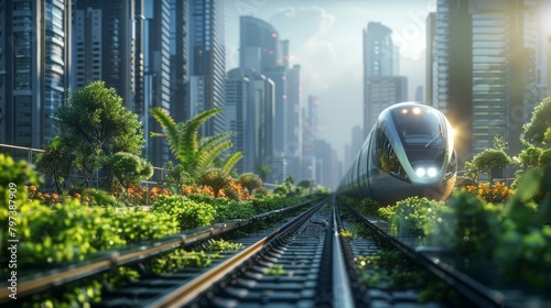 A train is traveling down a track next to a lush green forest
