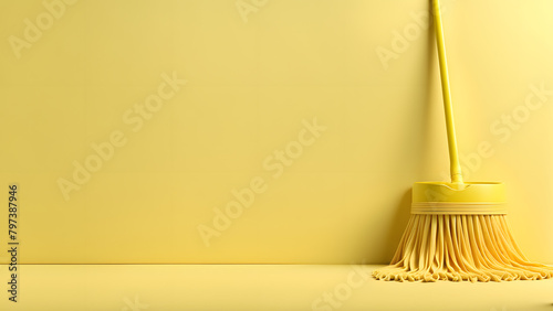 A yellow mop is leaning against a yellow wall