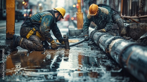 Two men in yellow hard hats are working on a pipe in the rain