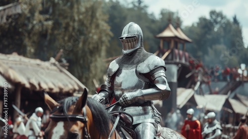 A knight in armor riding a horse at a medieval festival