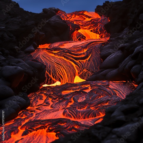 Vertical shot focusing on the depth and layering of the Lava Lakes, with streams of lava flowing vertically from the top of the frame to the bottom