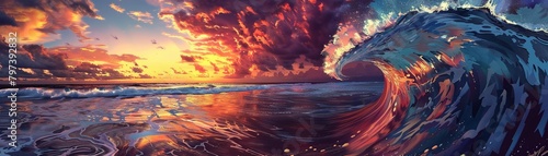 A breathtaking view of a majestic ocean wave curling under a vibrant sunset sky, with reflections on the water's surface.
