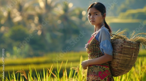A Woman farmer walking in a green rural rice field in the morning AI generated image