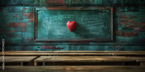 Symbolic red apple on classroom board with equations