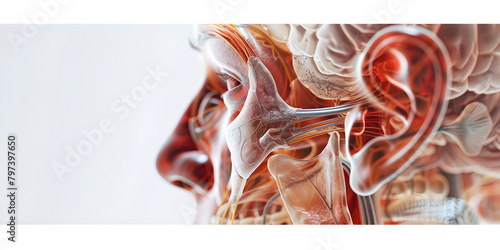 An intricate 3D illustration of the human inner ear structures and auditory pathways highlighted with vibrant colors.