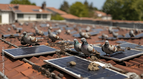 pigeons on the roof Solar panels on the roof of a house covered with pigeon droppings and roosting pigeons,Generative.Ai