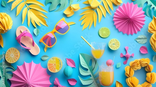 Summer background with umbrella, ball, glasses, sandals, juice and yellow leaves. Summer background in paper craft style.