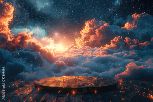 A circular podium on the ground, surrounded by clouds and mist in space with nebulae. Created with Ai