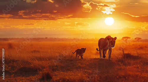 A breathtaking scene unfolds as an African lioness and her cub traverse the vast landscapes of Maasai Mara, the sun setting behind them, painting the sky in hues of orange and gold