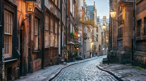 A picturesque view of a cobbled street winding through a historic district, surrounded by centuries-old architecture and vintage street lamps, creating a romantic ambiance