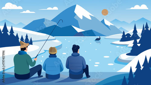 Despite the focus on fishing the friends take occasional breaks to simply gaze out at the serene snowcovered landscape around them.. Vector illustration