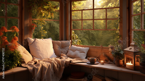 A cozy corner nook with a window seat adorned with plush cushions and throw pillows, overlooking a picturesque garden. Promotion background.