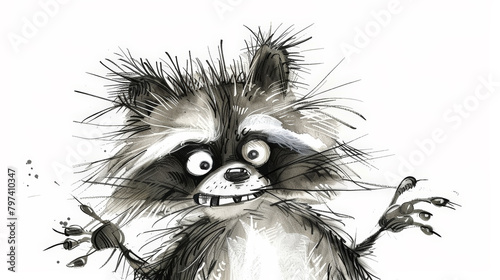 Whimsical Chaos: funny Frazzled Ink Cartoon Raccoon , white background. Generative AI