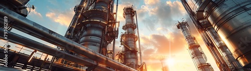The image shows an industrial plant with pipes and a distillation tower in the center. The sky is orange and the sun is setting.