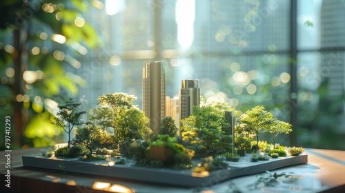A miniature model of a city with trees and plants on a table