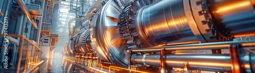 The prompt for the image is:..A large industrial machine with a turbine and a lot of pipes and machinery.