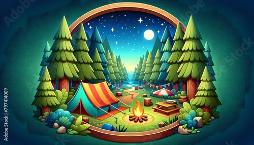 Colorful Campsite with Tent and Campfire in Cartoon Forest