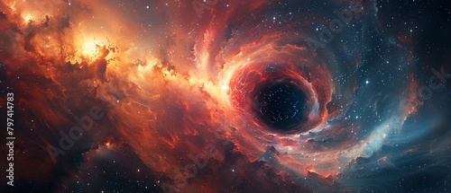 Artistic space wallpaper showcasing the intense gravitational force of a black hole as it draws in surrounding stars, illustrated with abstract, luminous effects