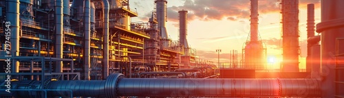 The prompt for this image could be:.."A large oil refinery with a beautiful sunset in the background."