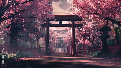 A portrayal of the Shinto Torii gate, marking the entrance to a sacred space, with cherry blossoms