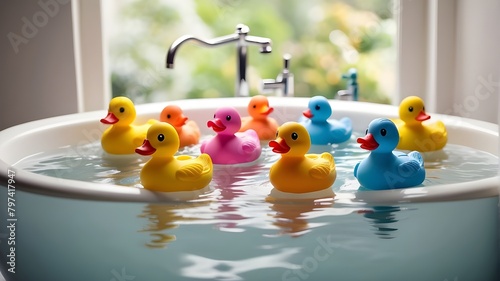 :A row of colorful rubber duckies floating peacefully in a bathtub 