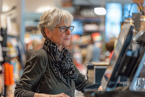 A seasoned retail manager, over the age of 50, supervising store activities and engaging patrons