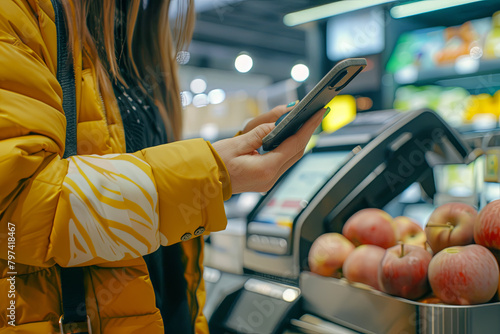 Customer uses smartphone for a contactless payment, emphasis on convenience and technology at checkout