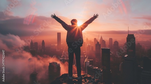 Man Embracing Sunrise Over the City Skyline