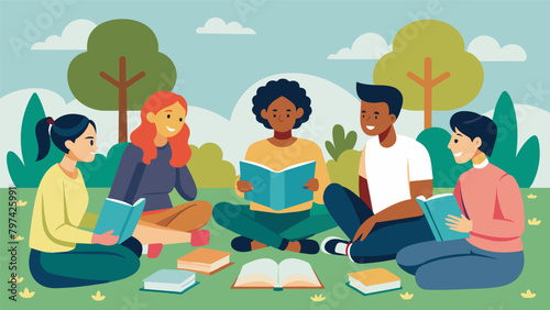 A group of students sitting in a park holding a study session and discussing the eloquent writing style of a notable African American author whose. Vector illustration