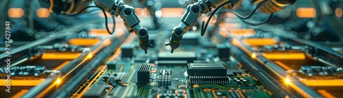 A close up of a robotic arm soldering a circuit board.