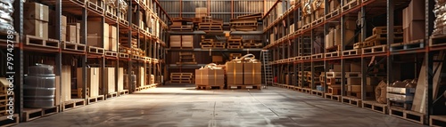 A large warehouse with tall shelves full of boxes and a forklift in the distance.