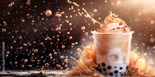 Glass of Taiwanese bubble milk tea dynamic splash effect. 