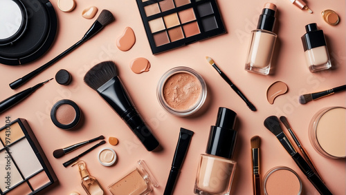 Various makeup products are arranged on a peach-tone background. There are eyeshadow palettes, blush, foundation, brushes, and other makeup items.