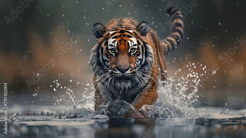 Un tigre que corre en el agua con el tigre en la parte inferior. 