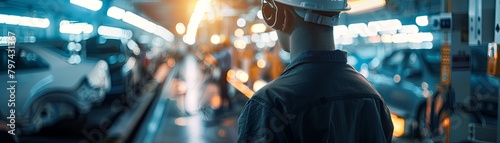 An industrial worker wearing a hard hat and safety glasses looks over an assembly line of cars.
